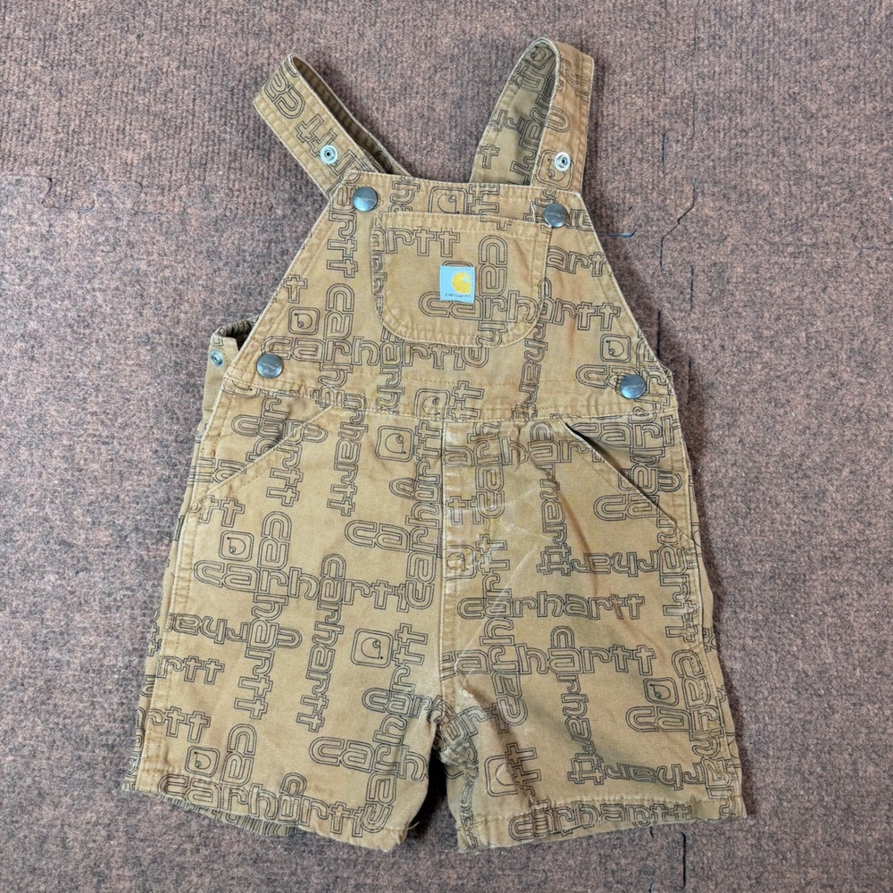 A+ Carhartt Toddler Boys Logo Print Canvas Shortall Overalls Brown 3T S08851-B